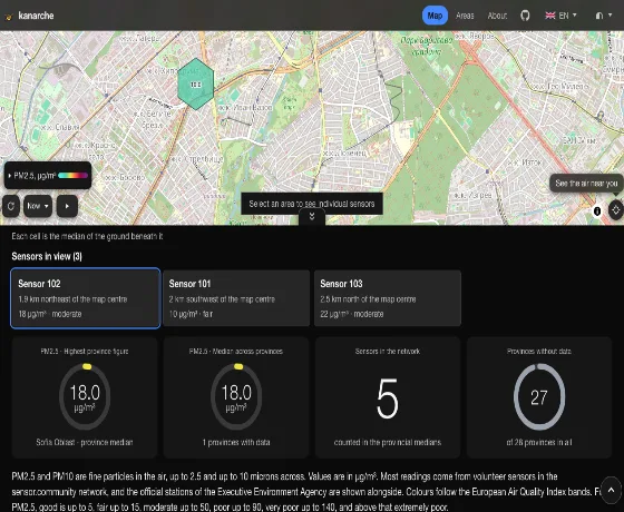 The list of sensors in view below the map, with a focus ring around one sensor.