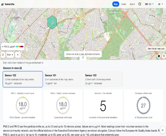 The list of sensors in view below the map, with a focus ring around one sensor.