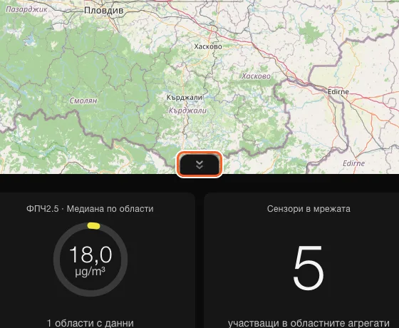 Долният край на картата със стрелките надолу, а под тях медианата по области и най-високата областна стойност.