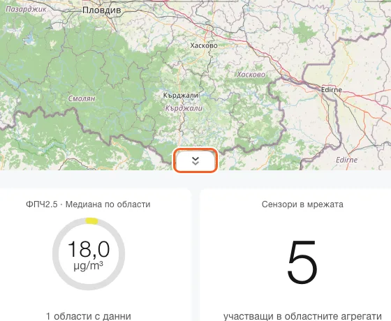 Долният край на картата със стрелките надолу, а под тях медианата по области и най-високата областна стойност.