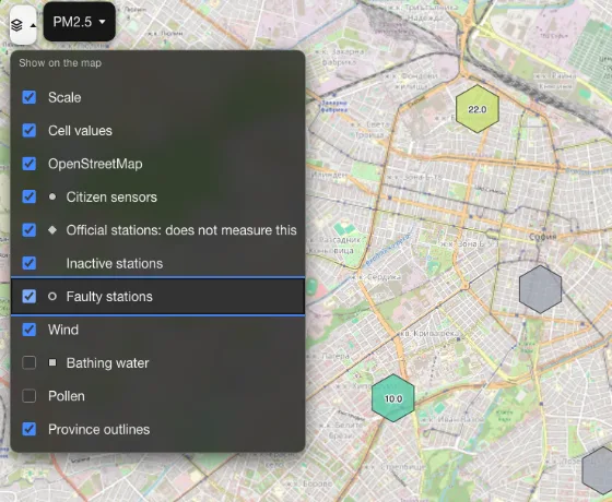 The Layers menu open on the map, with the "Inactive stations" and "Faulty stations" options ticked and the extra stations drawn on the map.