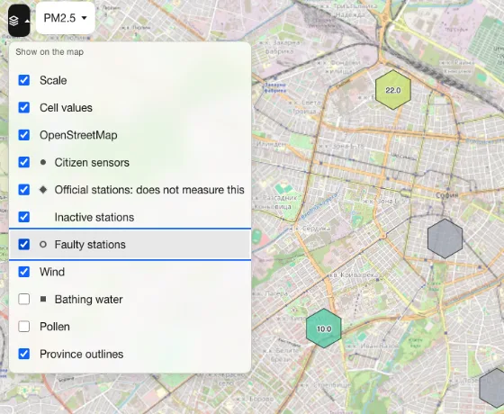 The Layers menu open on the map, with the "Inactive stations" and "Faulty stations" options ticked and the extra stations drawn on the map.