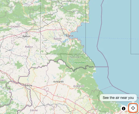 The Find me button in the corner of the map with the hint "See the air near you" beside it.