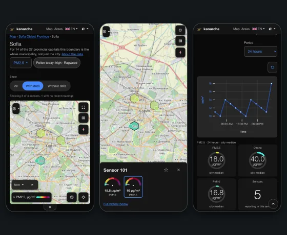 Three phone screens: the map with its controls, a sensor panel open at the bottom, and the readouts and charts below the map.