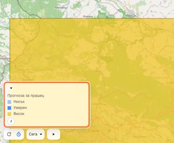 Картата с включен слой за прашец, области, оцветени от нисък до висок, и скалата на прогнозата за прашец в ъгъла.