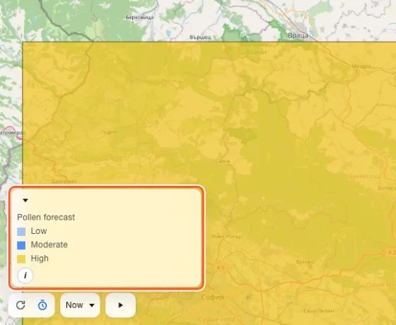 The map with the pollen layer on, provinces coloured from low to high, and the pollen forecast key in the corner.