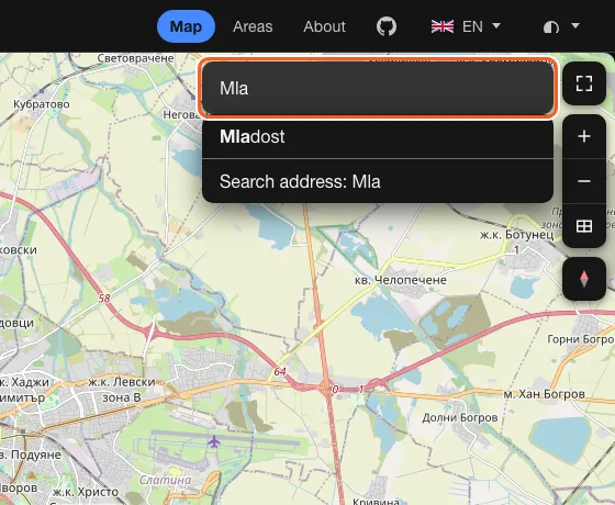 The search box with suggestions for a city and its districts, and a pin on a searched address.