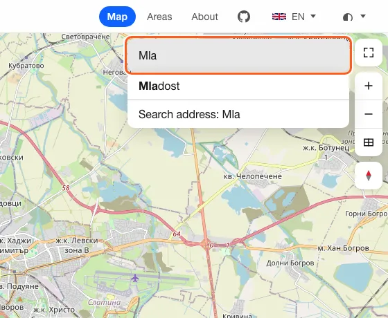 The search box with suggestions for a city and its districts, and a pin on a searched address.