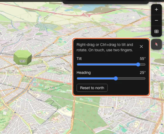 The map tilted over Sofia with hexagons raised into columns by their reading, and the Orientation panel open with the Tilt and Heading sliders and the Reset to north button.