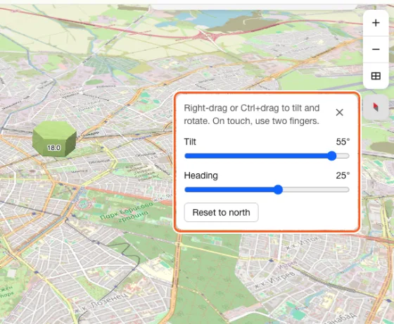 The map tilted over Sofia with hexagons raised into columns by their reading, and the Orientation panel open with the Tilt and Heading sliders and the Reset to north button.