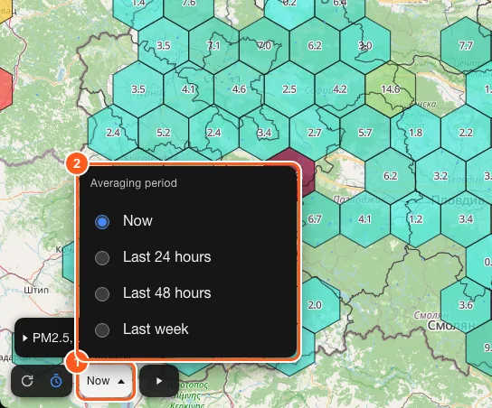 The averaging period menu open on the map, with Now, Last 24 hours, Last 48 hours and Last week.
