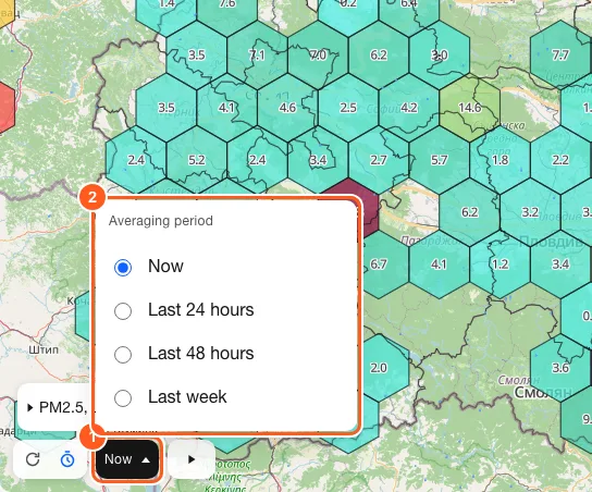 The averaging period menu open on the map, with Now, Last 24 hours, Last 48 hours and Last week.